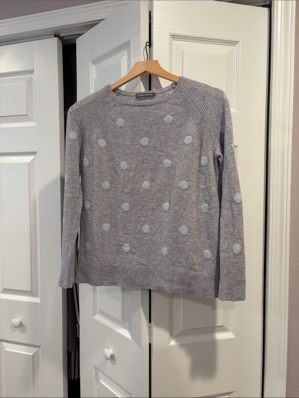 100% Cashmere Cozy Polka Dot Crewneck Sweater - Pale Blue on Gray